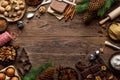 Christmas or new year culinary rustic wooden background with food ingredients for cooking festive dishes, xmas baking. Holiday coo Royalty Free Stock Photo