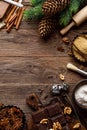 Christmas or new year culinary rustic wooden background with food ingredients for cooking festive dishes, xmas baking. Holiday coo Royalty Free Stock Photo