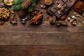 Christmas or new year culinary rustic wooden background with food ingredients for cooking festive dishes, xmas baking. Holiday coo Royalty Free Stock Photo