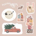 Christmas, New Year cute symbols sticker set. Santa Claus with deer herd, pile of gift boxes, cartoon deer, pickup car Royalty Free Stock Photo