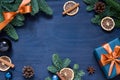 Christmas, New Year dark blue frame. Winter holiday concept flat lay.