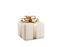 Christmas and New Year Day cream color 3D gift box with gold ribbon for birthday isolated on a white background with clipping path Royalty Free Stock Photo