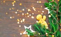 Christmas or New Year decor. Gingerbread on the texture of fir branches on wooden background Royalty Free Stock Photo