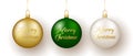 Christmas and New Year decor. Set of gold, white and green balls on ribbon