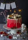 Christmas or New Year decorated cake with cream cheese frosting and cranberries, selective focus Royalty Free Stock Photo