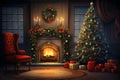 Christmas and New Year decorated interior room. Holiday decorated room with bed on window sill. Festive Xmas night with lights on. Royalty Free Stock Photo