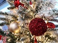 Christmas. New Year. Decorated Christmas tree. Festive decoration on christmas tree. Concept of festive decoration. Royalty Free Stock Photo