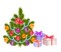 Christmas , New Year decorated tree and gift boxes. Realistic vector illustration, i