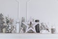 Christmas and New Year decorated white interior room with presents and New year tree and fireplace Royalty Free Stock Photo