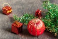 Christmas or new year decoration,ball,bell,gifts box,tree on bro