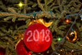 Christmas and New Year Decoration. Baubles hanging on Christmas Tree. Royalty Free Stock Photo