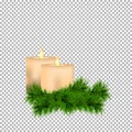 Christmas and New Year decoration with candles and spruce twig isolated on transparent background.