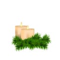 Christmas and New Year decoration with candles and spruce twig isolated on white background