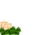Christmas and New Year decoration with candles and spruce twig isolated on white background.