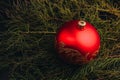 Christmas New Year decoration composition. Top view of fur-tree branches and balls frame on wooden background with place for your Royalty Free Stock Photo