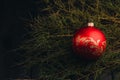 Christmas New Year decoration composition. Top view of fur-tree branches and balls frame on wooden background with place for your Royalty Free Stock Photo