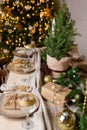 Christmas or New Year decoration of the festive table. Table setting with dishes. Spruce tree decoration Royalty Free Stock Photo