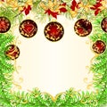 Christmas and New Year decoration frame red Christmas ornaments golden and red poinsettia leaves and fir tree branch and golden Royalty Free Stock Photo