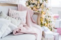 Christmas or new year decoration at Living room interior and holiday home decor concept. Calm image of blanket on a Royalty Free Stock Photo