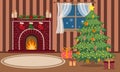 Christmas and New Year decoration of living room pine tree, fireplace and garlands holidays home interior flat vector illustration Royalty Free Stock Photo
