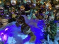 Christmas and New Year Decoration. Musical ensemble of toy foxes under the Christmas tree