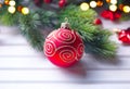 Christmas and New Year decoration over white wood background Royalty Free Stock Photo