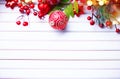 Christmas and New Year decoration over white wooden background Royalty Free Stock Photo