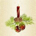 Christmas and New Year decoration red Christmas ornaments with golden leaves three and fir tree branch and candle vintage vector i Royalty Free Stock Photo