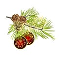 Christmas and New Year decoration red Christmas ornaments with golden leaves three and fir tree branch with pine cones and golden Royalty Free Stock Photo