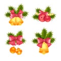 Christmas and New Year decoration, set of 3D isolated elements. Fir tree, bells, bows, balls, snowflakes Royalty Free Stock Photo