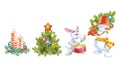 Christmas and New Year decoration set with pine tree, hare, snowman and candles. Festive elements for design or greeting
