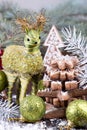 Christmas New Year decorations. Deer, Christmas balls and gingerbread cookies Royalty Free Stock Photo