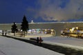 Christmas and New Year decorations on glass bridge in Zaryadye park in Moscow.