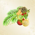 Christmas and New Year decorative branch christmas tree festive poinsettia and pine cones golden and red balls vintage vector ill Royalty Free Stock Photo