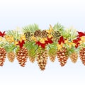 Christmas and New Year decorative seamless bordern branches with golden pine cones and snowflakes with golden and red poinsettia v Royalty Free Stock Photo