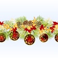 Christmas and New Year decorative seamless bordern branches with pine cones and red Christmas ornaments with golden and red poinse Royalty Free Stock Photo