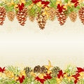Christmas and New Year decorative seamless horizontal bordern branches with golden pine cones and snowflakes with golden and red p Royalty Free Stock Photo