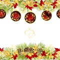 Christmas and New Year decorative seamless horizontal bordern branches with pine cones and red Christmas ornaments with golden and Royalty Free Stock Photo