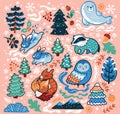 Christmas and New Year decorative set with animals and forest elements on a pink background. Vector illustration Royalty Free Stock Photo