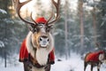 Christmas New Year Deer with antlers and outfit in a snowy forest