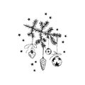 Christmas and New Year design element. Black silhouette fir tree branch, Christmas decoration and stars. Black line isolated on