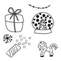 Christmas, New Year design elements. Christmas tree, gift, garland, horse, snowflake, fireworks, snow globe, Christmas