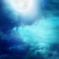 Beautiful full moon on dramatic dark-blue sky. Starlight Night background. Royalty Free Stock Photo