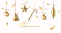 Christmas and New Year design template. Decorative yellow Christmas ball, golden star, gold bell, candy cane with rope.