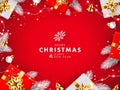 Christmas and New Year design. Xmas red background . Holiday poster, greeting card, website banner Royalty Free Stock Photo