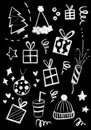 Christmas New year drawing with chalk on black board. Kid\'s drawing Christmas, drawing with chalk doodle Royalty Free Stock Photo