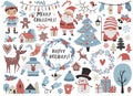 Christmas and New Year elements with cute characters. Royalty Free Stock Photo