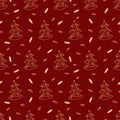 Christmas and New Year Eve winter holidays seamless pattern with golden fir trees and candy on red background Royalty Free Stock Photo