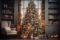 Christmas, New Year, evening interior with decorated Christmas tree and gifts