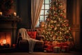 Christmas, New Year, evening interior with decorated Christmas tree and gifts